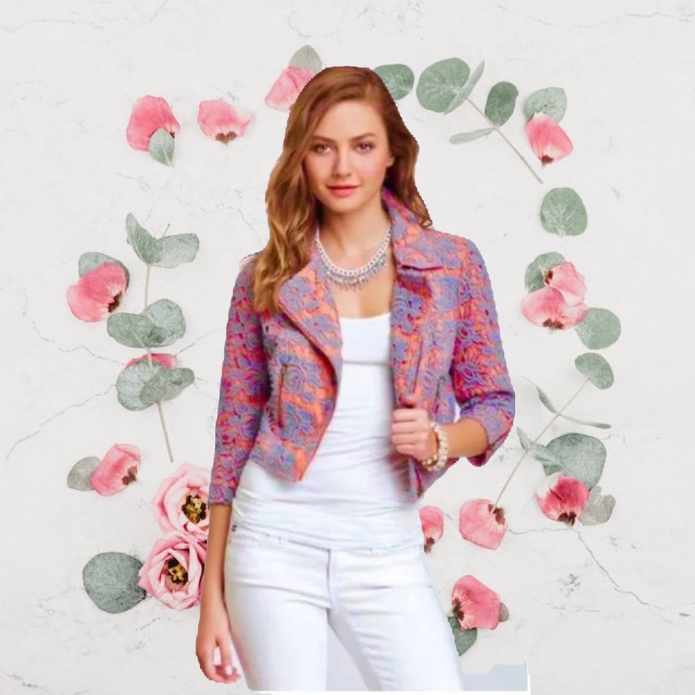 DARLING GREY LACE CROPPED JACKET WITH ORANGE LINEN SIDE ZIPPER ZIPPED POCKETS M